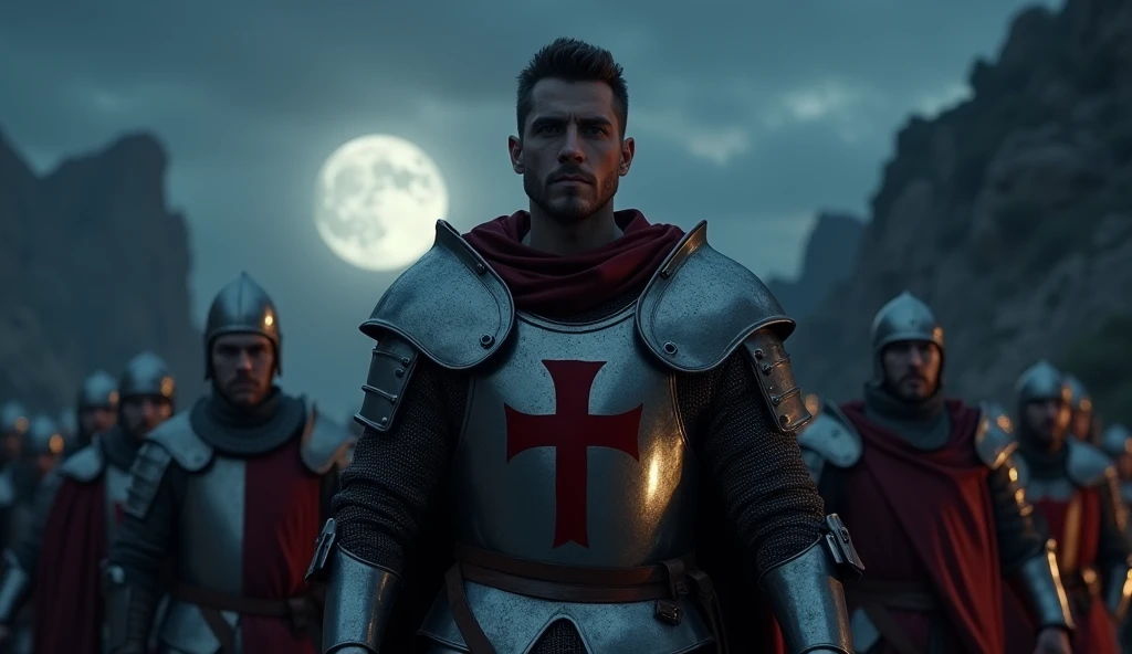 A highly realistic, high-contrast, 8K HD, detailed, hyper-detailed image of a group of Crusader knights, led by the protagonist in steel armor with a red cross emblem on his chest, all facing the same direction under the cover of night. The protagonist's face is clearly visible, showing determination and resolve as he leads the group. The other knights stand united beside him, their swords at the ready, as they prepare to face the challenges ahead. The dramatic landscape around them is illuminated only by the faint light of the moon and stars, with rugged terrain and ominous skies heightening the intensity of the scene. The atmosphere is tense yet filled with camaraderie and resolve, capturing the unity and unyielding spirit of the Crusaders as they stand together in the darkness. The image is of the highest quality, with ultra-high resolution, RAW photo quality, and Unreal Engine rendering, showcasing the solidarity and strength of the Crusaders, with the protagonist leading them under the night sky.

