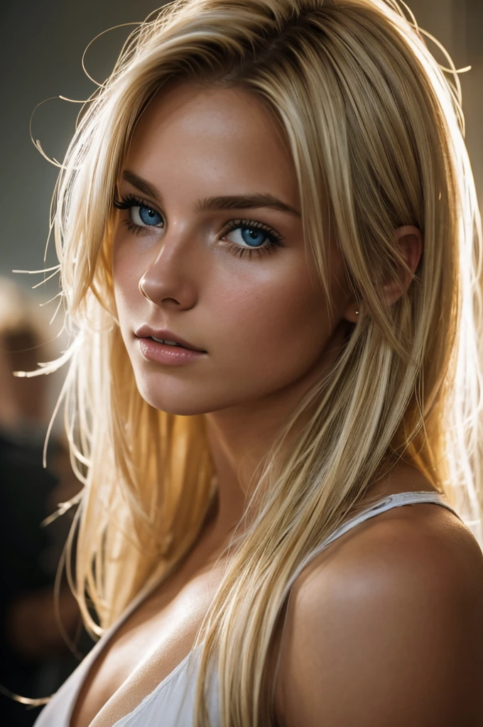 Close-up shot, a beautiful 20 years old blonde with messy hair, american woman in a party as background, not exposed, beautifully lit, dramatic composition, epic scale, sense of awe, ultra-high res. photorealistic:.1.4, (high detailed skin:1.2), 8k uhd, dslr, high quality, film grain, Fujifilm XT3.