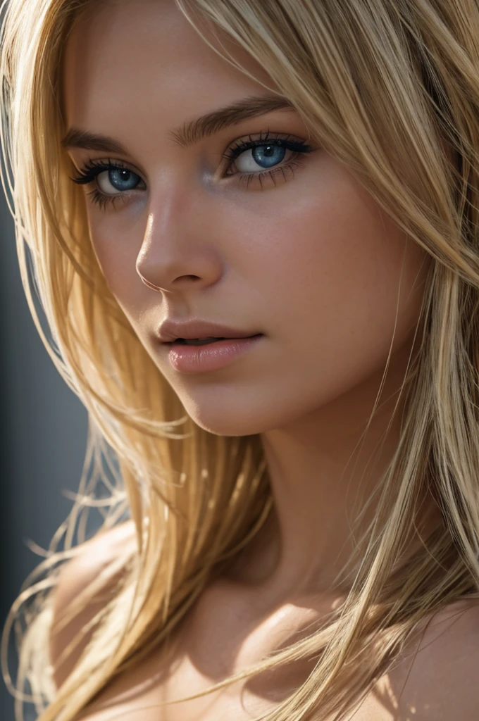 Close-up shot, a beautiful 20 years old blonde with messy hair, american woman in a party as background, not exposed, beautifully lit, dramatic composition, epic scale, sense of awe, ultra-high res. photorealistic:.1.4, (high detailed skin:1.2), 8k uhd, dslr, high quality, film grain, Fujifilm XT3.