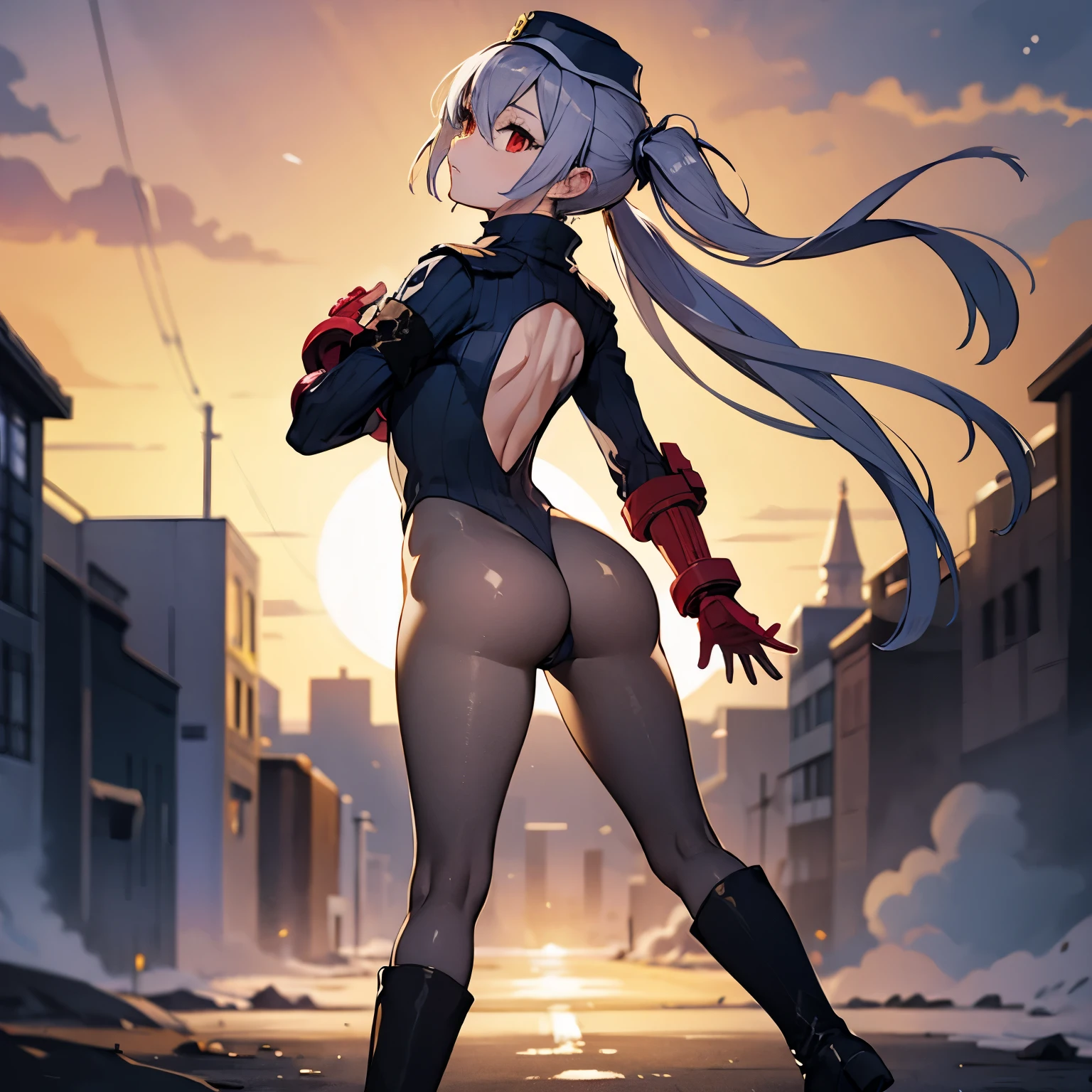 best detailed, Highly detailed,Beautiful body,Beautiful Nose,perfect eyes,perfect face,ultra highres,beautiful legs,Perfect hands,Masterpiece,illustration,,perfect anatomy,street fighter,doll suit,shadaloo doll,dollsuit,expressionless,empty eyes,blank eyes,red gloves,boots,emotionless,black latex,corruption,mind control,female combatant,hypnotized,unhappy trance,full body suit,obey,extremely glossy latex,hypnosis,hypnoLora,Slave,necktie,yellow tie,military,dark persona,full body,(((from back, small ass, hand on own ass))),(((pixel-perfect, detail-perfect))),solo,(roze),1girl,silver hair, long hair, twintails, hair between eyes, red eyes, black cap, twin black muffler,black scarf,((dark pantyhose)), city background, night sky
