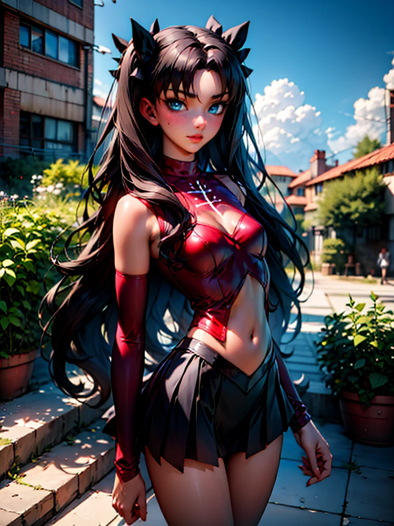 Rin Tohsaka, her face flushed very excited, fully body, work of art, top quality picture, super resolution, High definition, 4K, full hd, well defined and detailed image in the smallest details, she is wearing a red sleeveless blouse that shows off her belly and navel and her shoulders with long black sleeves, beige vest with a collar in the style of fine sportswear and a red bow tie, her breasts are exposed in a small cleavage, a sexy, short black skirt makes her even sexier, brown thigh high socks, with two black bows on top of her head, she is standing looking at the viewer playing with a lock of her hair, on the school terrace, gerar imagem de fully body
