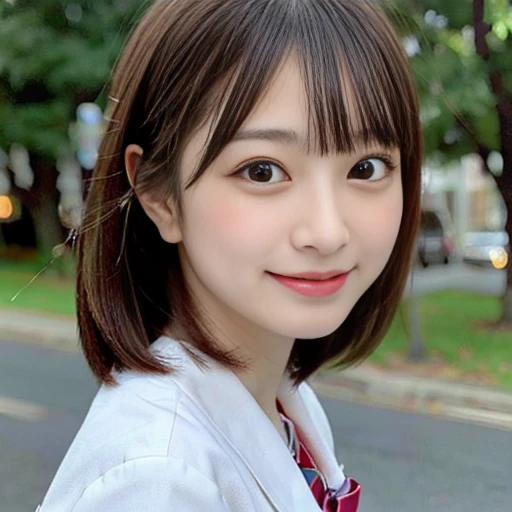 ((Cute 15 year old Japanese))、on the road、Highly detailed face、Pay attention to the details、double eyelid、Beautiful thin nose、Sharp focus:1.2、Beautiful woman:1.4、Cute Hairstyles、Pure white skin、Highest quality、masterpiece、Ultra-high resolution、(Realistic:1.4)、Highly detailed and professional lighting、nice smile、Japanese school girl uniform