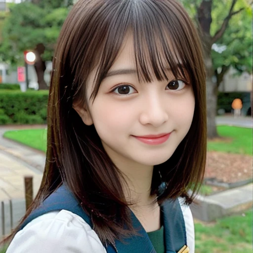 ((Cute Japanese))、on the road、Highly detailed face、Pay attention to the details、double eyelid、Beautiful thin nose、Sharp focus:1.2、Beautiful woman:1.4、Cute Hairstyles、Pure white skin、Highest quality、masterpiece、Ultra-high resolution、(Realistic:1.4)、Highly detailed and professional lighting、nice smile、Japanese school girl uniform