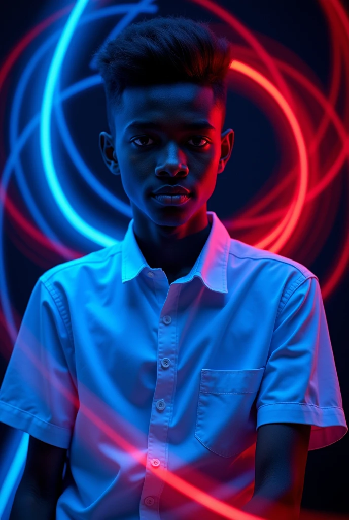 Generate an image of Ethiopian teenager man slightly and short and smooth hair cut
white skin ton with a blue and red led lights effects size of image 1:1