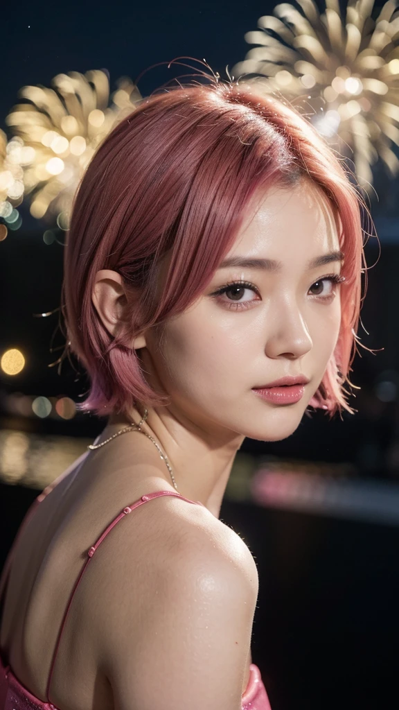 Model actress、One Woman、cool、Japanese and half European、Close-up of face、30 generation beauty、Realistic Skin、4K images、bright pink hair、Short Hair、The background is fireworks、Night festival scenery