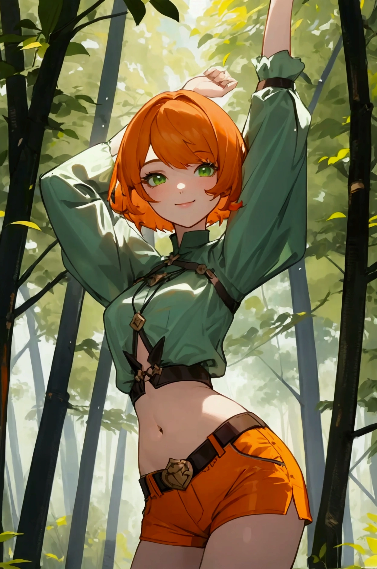 detailed, 1 girl (Gwendolyn_Tennyson, beautiful face, old, Orange hair, short hair, green eyes), , a charming face, smile, looking at the viewer, Alone, long sleeves, belly button, belt, blue shorts, white thighs, In the woods, , town, a seductive dance, one leg up, arms up, Whole body