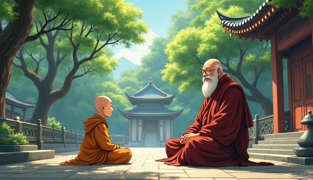 Young monk student sitting with his old fat monk master and monk talking to his student, in anime style, trees, temples, beautiful scenario,