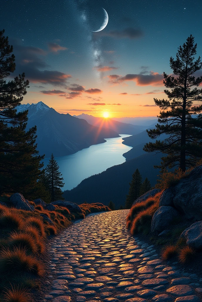 We are on top of a mountain, the floor has cobblestones. On the left and right side down the mountain there are pine trees. At the bottom we have a large oval-shaped lake, He is dark. The sky is starry with beautiful stars, in the center of the sky we have a crescent moon. At the bottom of the sky the sun is beginning to rise, but we can only observe the fire of the light.