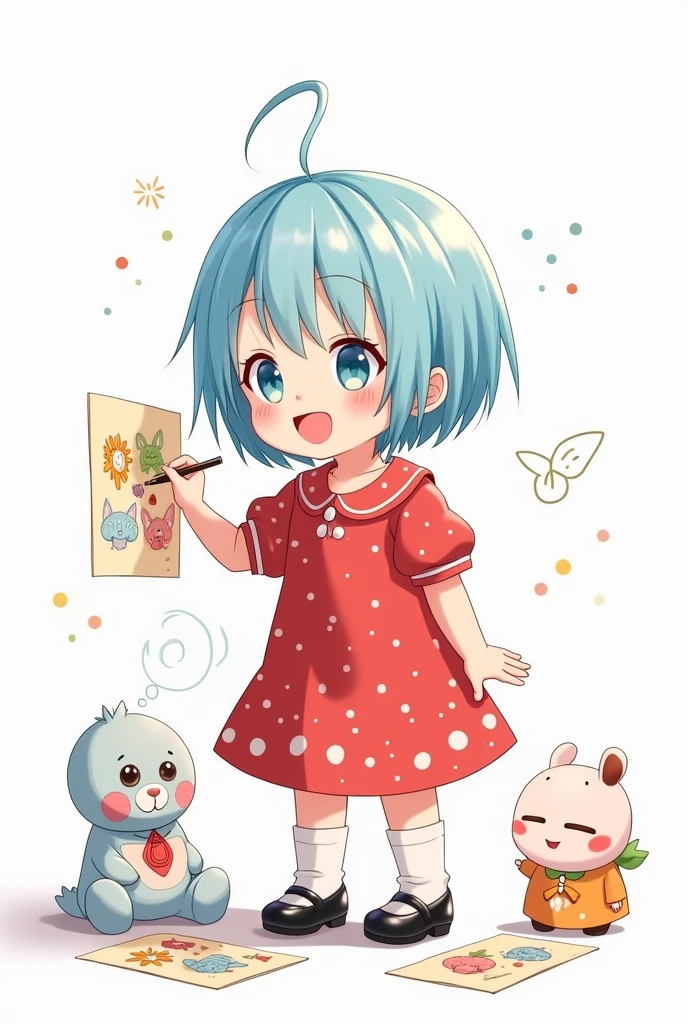 One-****-******** drawing anime with light blue hair, wearing a red dress with white polka dots, white tights, and black doll shoes, white background.