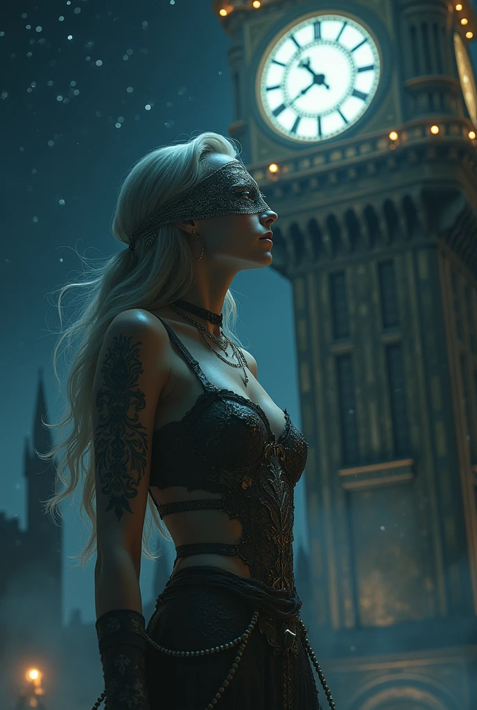 ((High definition, Masterpiece, 8k, Digital Photography, Digital Art)), ((Dark illumination)), contrast, white illumination, A gorgeous sage who is the embodiment of Libra, sexy face, blindfolded, pale skin, tattoos, ((Looking at viewer)), stars at the sky, in front of a clockwork tower