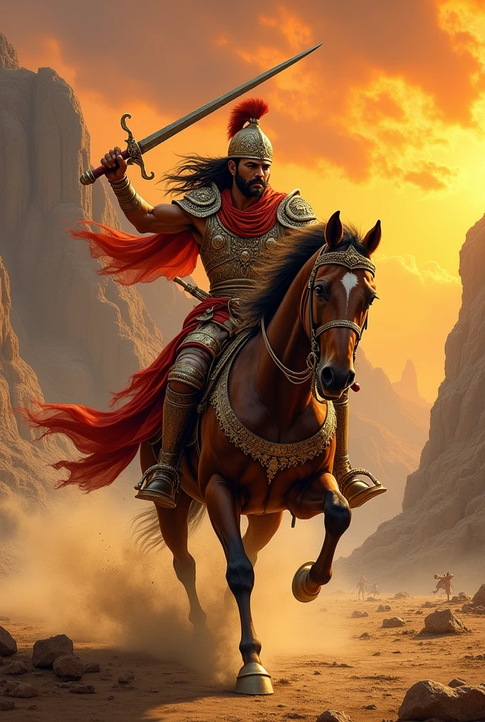 A Rajput warrior riding on horse and he carrying sword and shield, he is fighting with enemy