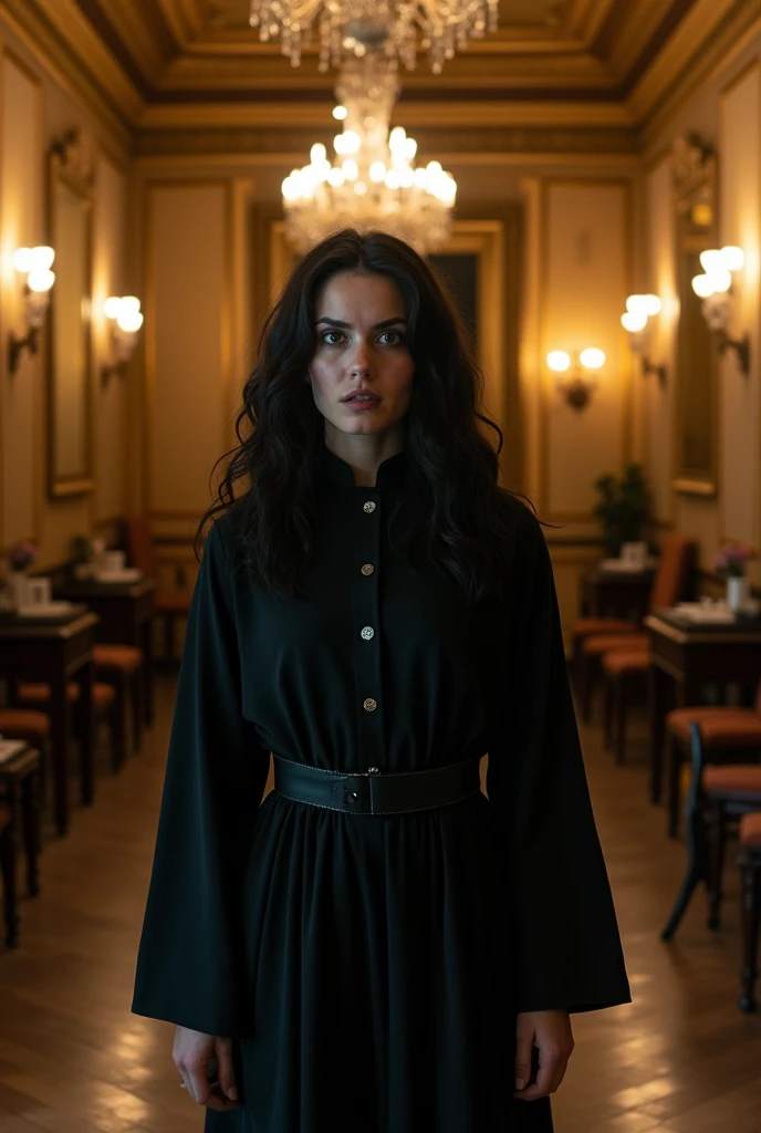 girl named Emily wearing black clothes makes a shocking face in the mansion