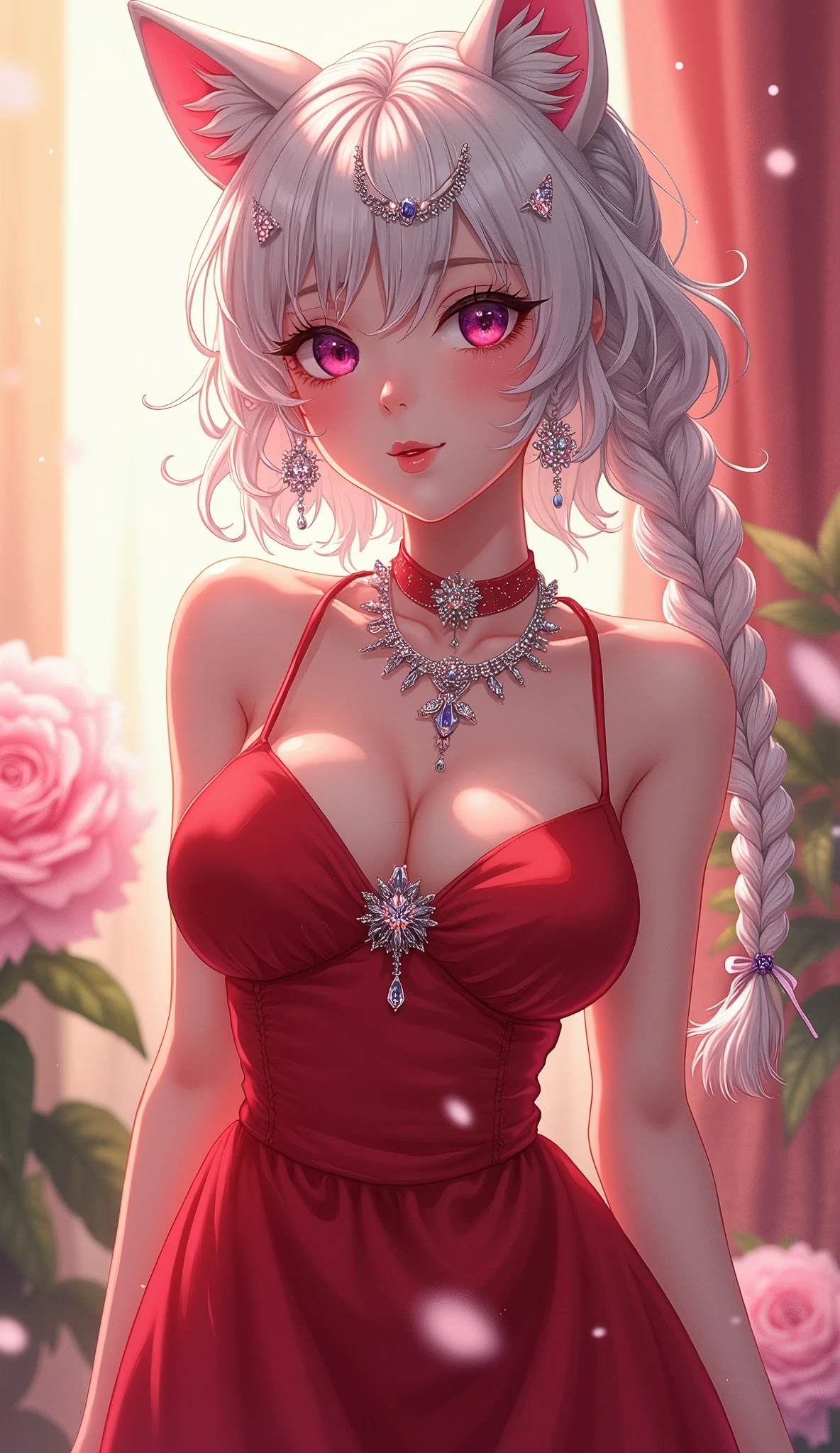 (masterpiece, Best Quality), intricate details, realist, photorealist, Full Body Portrait, Instagram Photo of a woman wearing aretes, Mary R., inspired by Emma Andijewska, wrapped in crystals,(masterpiece:1.3), (Best Quality:1.3), (Ultra-detailed:1.2), ((kawaii)), Cute, (lovely), ((sexy)), ((Extremely detailed)), 4K, (8K), Best Quality, (Beautiful), Illustration, anime style, (bold line:1.2), Gradation,(best quality, ultra-detailed, photorealistic: 1.39), bright and vibrant colors, studio lighting, (Perfect eyes:1.2), (Perfect iris:1.2), romantic kawaii expression, cute delicate smile, kawaii makeup, 17-year-old e-girl, short red dress, platinum braided and curl white hair, cat ears, big breasts, fit, long wavy hair, mercenary, Mary R.