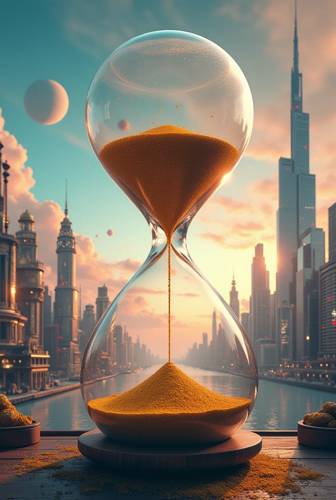 A captivating visual concept of time, where a colossal hourglass sits in the center, with sand flowing through the narrow neck. On one side, there's a vintage, steampunk-inspired city, and on the other side, a futuristic, high-tech metropolis is emerging. The sky is a blend of pastel colors, with a celestial body visible in the distance. The overall ambiance of the image is thought-provoking and awe-inspiring, capturing the essence of the passage of time.