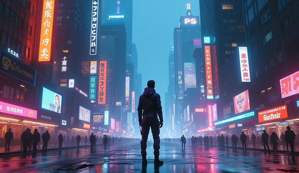 illustration, fantasy world, cyberpunk city, Sci-if, wasteful, raining, center of futuristic city, landscape. background with Business district, neon
