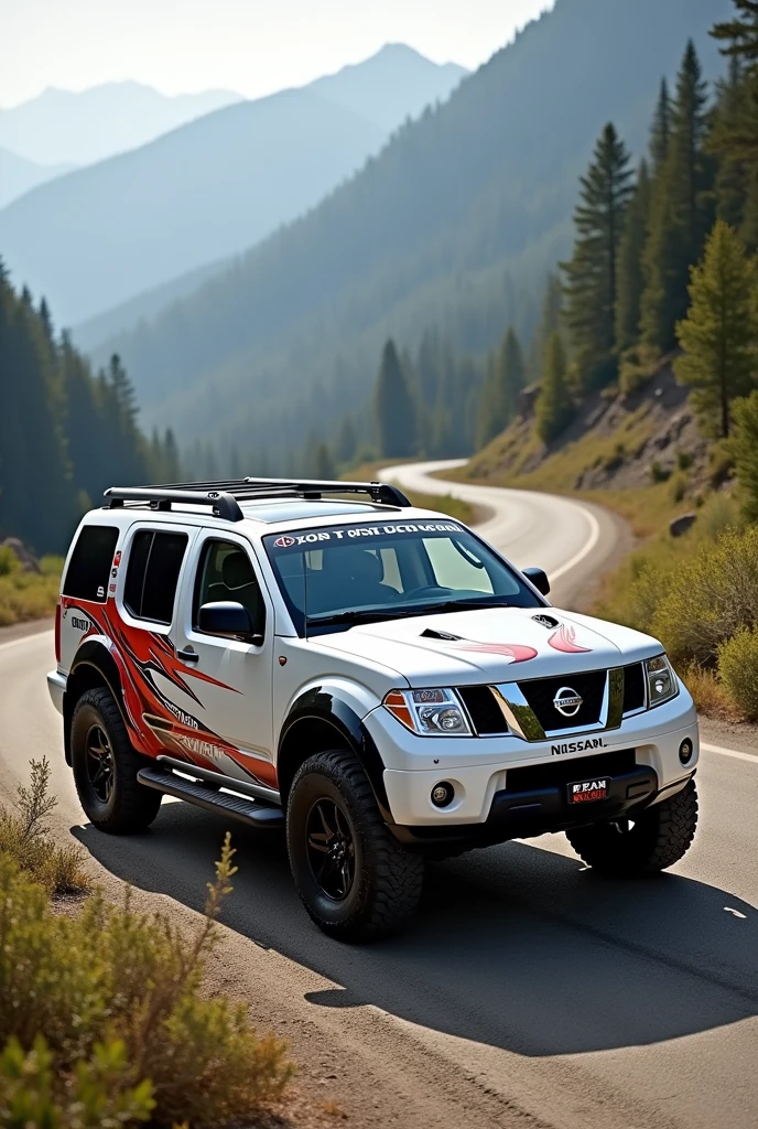 A white 2005 Pathfinder R51 4x4 with stripes on the sides and dark windows and racing decorations