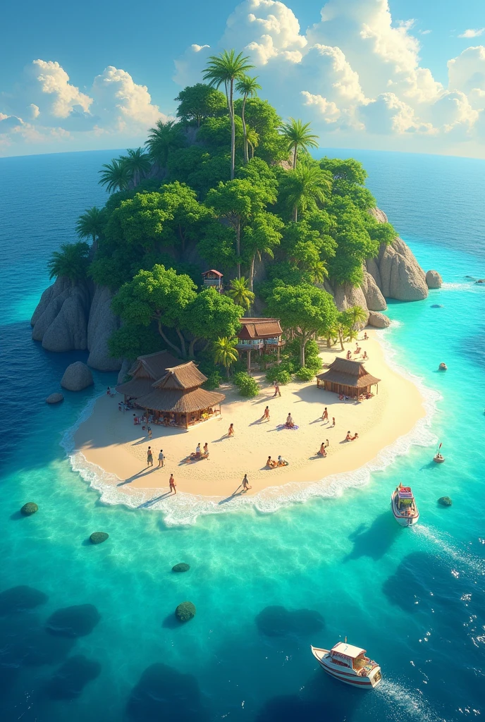 A beautiful island with lots of trees and beautiful ocean ( 3D animation) in a birds eye view with people and huts