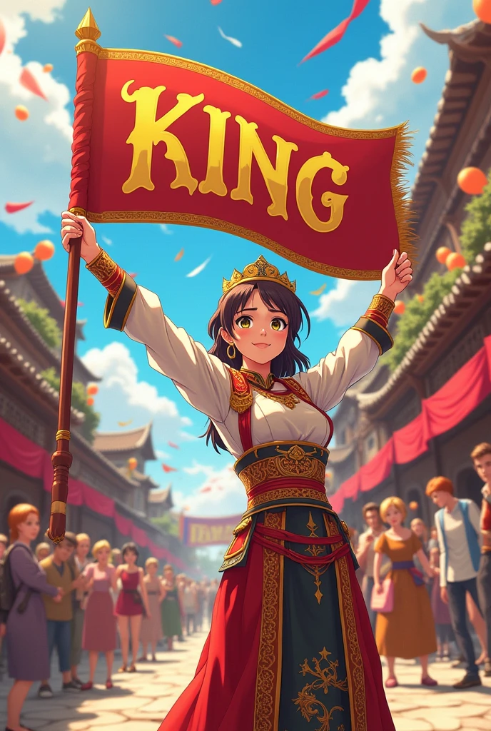 A person holding a banner with the King's name on it, in anime style