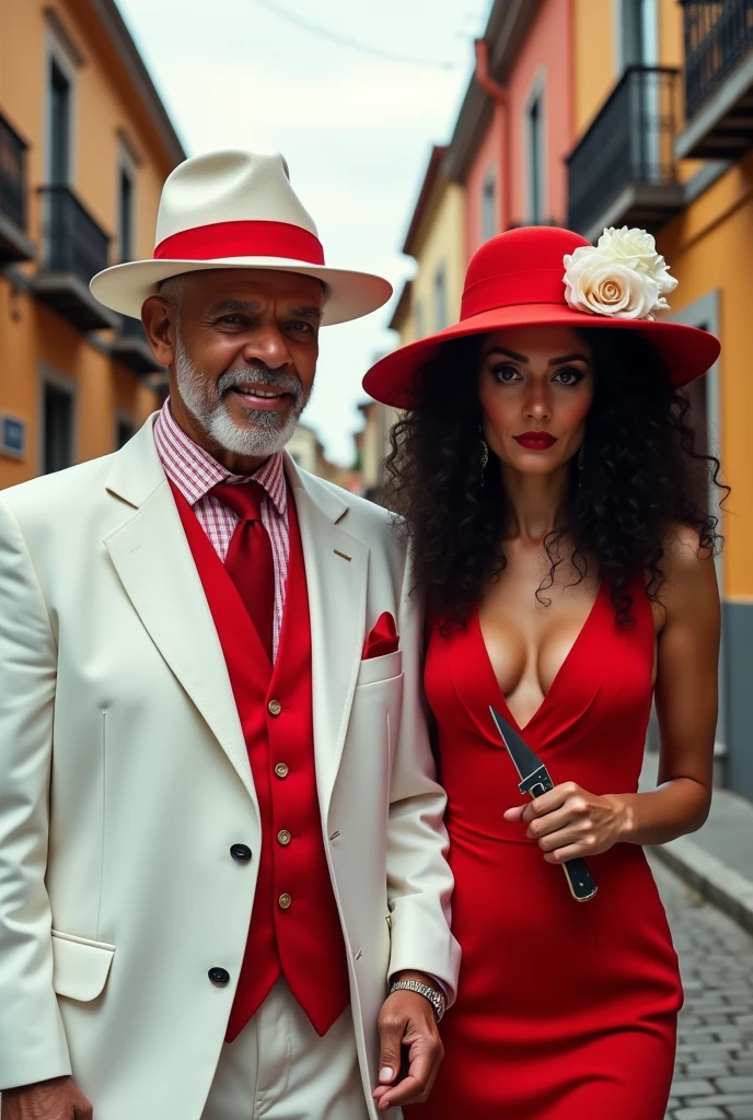 A couple of crooks, Zé pelintra an older man 80 years old , charming, blacksad, White hat with red, wide smile, White suit with red chalet, Beside him a woman of 70 years old, formosa com cabelos blacksads e cacheados, Dressed in red and white, On her head a red hat with white roses, in the girl's hands a knife, the girl has a serious expression and striking eyes , the two walk on a stone street