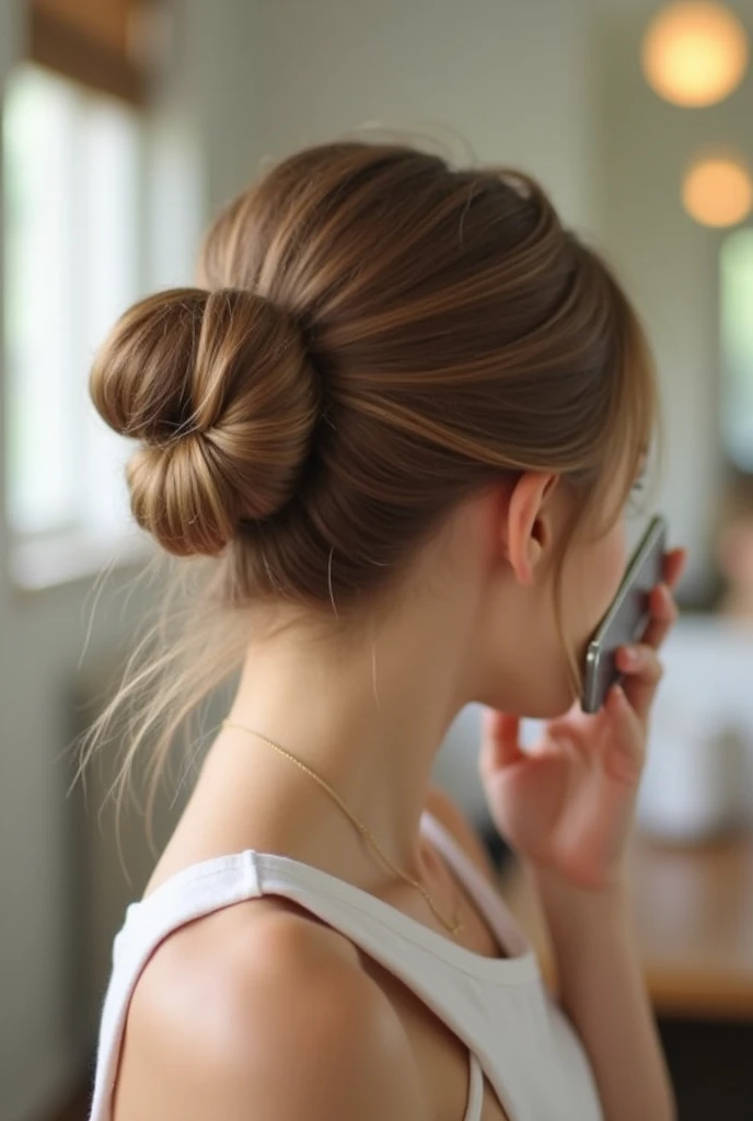 It's so cute, Light brown hair bun, whole body, It makes it look like you're taking a picture with your phone in front of a mirror, It's like the real thing