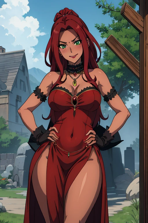 bitch medium breasts, red hair, beautiful face, green eyes, evil smile, blush, lipstick, evil smile, fur trim, mature female, gloves, masterpiece, best quality, highly detailed, a anime girls in long dress with navel cutout, revealing dress, beautiful dress center opening , long dress with bellybutton showing, ecchi anime style, anime girls, ecchi style, ecchi, digital anime art, anime style 4 k, exposed navel, exposed bellybutton, dark tanned skin anime woman, necklace, belly chain, belly piercing, (long hair), starving, (resting hands on the stomach), (hands on the stomach), (slim body), resting hands on top of the tummy. extremely hungry, stomach growling