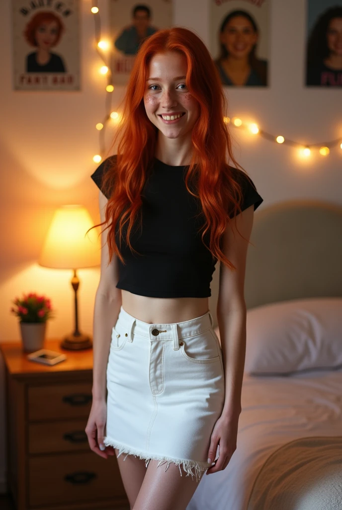 Girl in white GOOD and tight denim skirt posing for photo, Whole body, with black top, GOOD, Skinny body, smaller bust, Slim girl model, In his bedroom, Red hair, long, with freckles, -yeld
