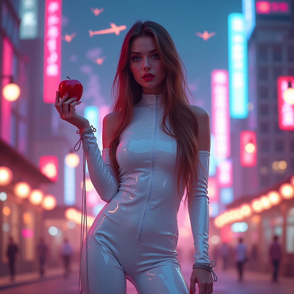 Girl macacão látex branco de frente de pé tênis branco ,morena caramelo long hair,Apple in hand,Poison apples,Witch Queen,Red lipstick , Masterpiece, high quality, high resolution, volumetric lighting, subsurface scattering, 8k, Beautiful woman, (morena olho azul skin), neon sky,cidade futurista neon, látex transparente vermelho, (large butt), large breasts, (long-sleeve blouse), (cotton-shorts:1.2), wavy ao fundo avião de pequeno porte