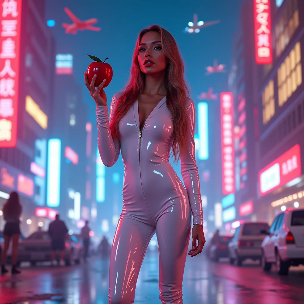 Girl macacão látex branco de frente de pé tênis branco ,morena caramelo long hair,Apple in hand,Poison apples,Witch Queen,Red lipstick , Masterpiece, high quality, high resolution, volumetric lighting, subsurface scattering, 8k, Beautiful woman, (morena olho azul skin), neon sky,cidade futurista neon, látex transparente vermelho, (large butt), large breasts, (long-sleeve blouse), (cotton-shorts:1.2), wavy ao fundo avião de pequeno porte