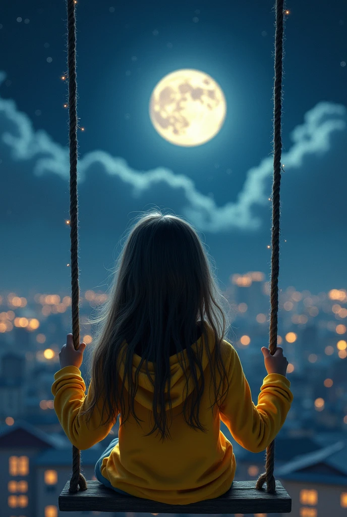 A young girl is sitting on a swing in front of a beautiful moonlit cityscape and the girl is wearing a yellow hoodie name written Fatima. girl, and she looking at the moon. The image has a soft, romantic feel to it.