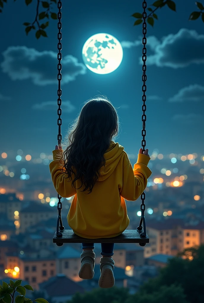 A young girl is sitting on a swing in front of a beautiful moonlit cityscape and the girl is wearing a yellow hoodie name written Fatima. girl, and she looking at the moon. The image has a soft, romantic feel to it.