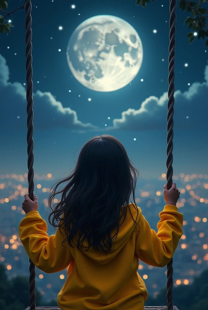 A young girl is sitting on a swing in front of a beautiful moonlit cityscape and the girl is wearing a yellow hoodie name written Fatima. girl, and she looking at the moon. The image has a soft, romantic feel to it.