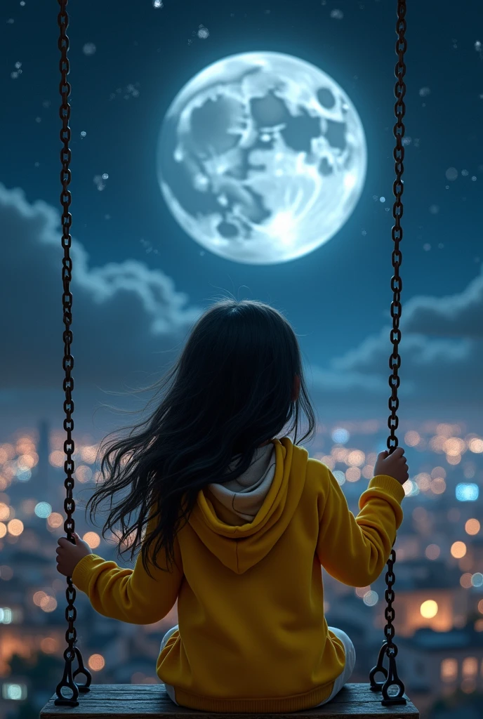 A young girl is sitting on a swing in front of a beautiful moonlit cityscape and the girl is wearing a yellow hoodie name written Fatima. girl, and she looking at the moon. The image has a soft, romantic feel to it.