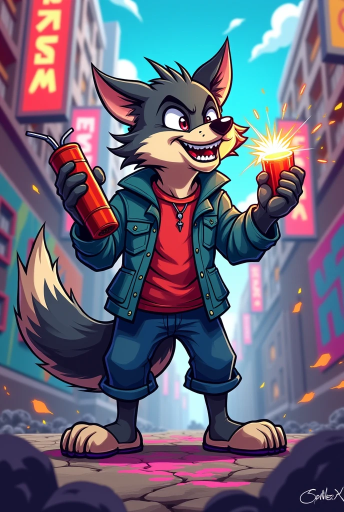 Make a chill wolf, that's holding dynamite, that belongs to a squad. gamer style, that is standing holding dynamite. a little muscular, about to throw the dynamite. That he's showing his teeth with a bit of saliva 