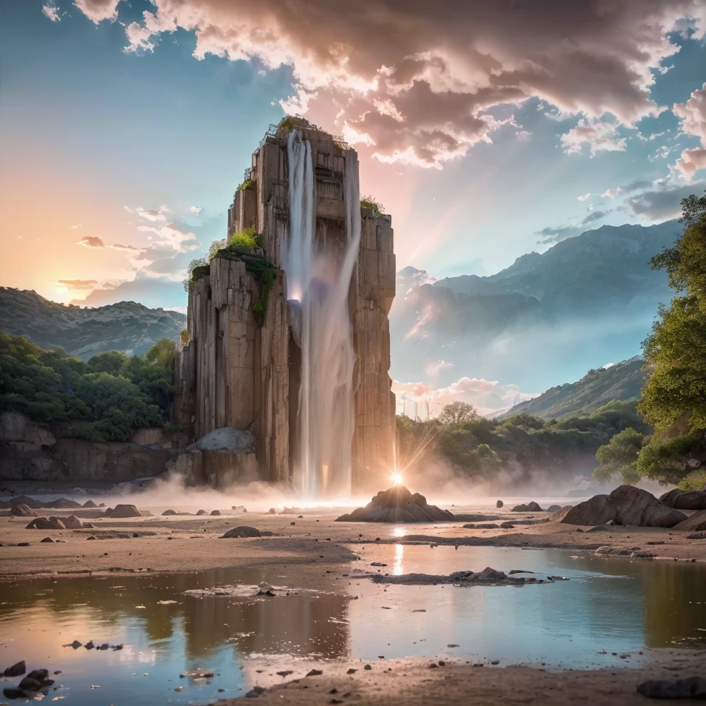 (8k, highest quality, masterpiece, final fantasy style: 1.2), (unRealistic, photoRealistic: 1.37), Dreamy landscape, epic scenes, sunset, Fantasy, Unsurreal landscapes, Super detailed, Flying futuristic Castle, Floating Island in the Sky, Seven-colored swirl of light, Intense lightning, nebulas,Complex Light, Colored light, blue clear Large Lake, Starry sky reflected on the lake surface, Countless shining stars, Meteors, Reflections , (A pillar of light emanated from the ground:1,2), (((roses and orchids gardens , bright sunset, pink and blue clouds, waterfalls in the sky, realistic style))), Hyperrealistic drawing , burning futuristic skyscrapers, , timeless realms, healing light magic effect, in a crystal clear blue magical lagoon of the fairyland, crystal clear waters with silver surface reflections, sharp focus, (close-up:0.9), (bright white theme:1.2), (bright white tone:1.2), (deep blue tone:1.3),((( realistic, Hyperrealism, vivid colours , landscapes , alien nature , science fiction themes))), mountains and abyss, water resources and waterfalls , fog ,