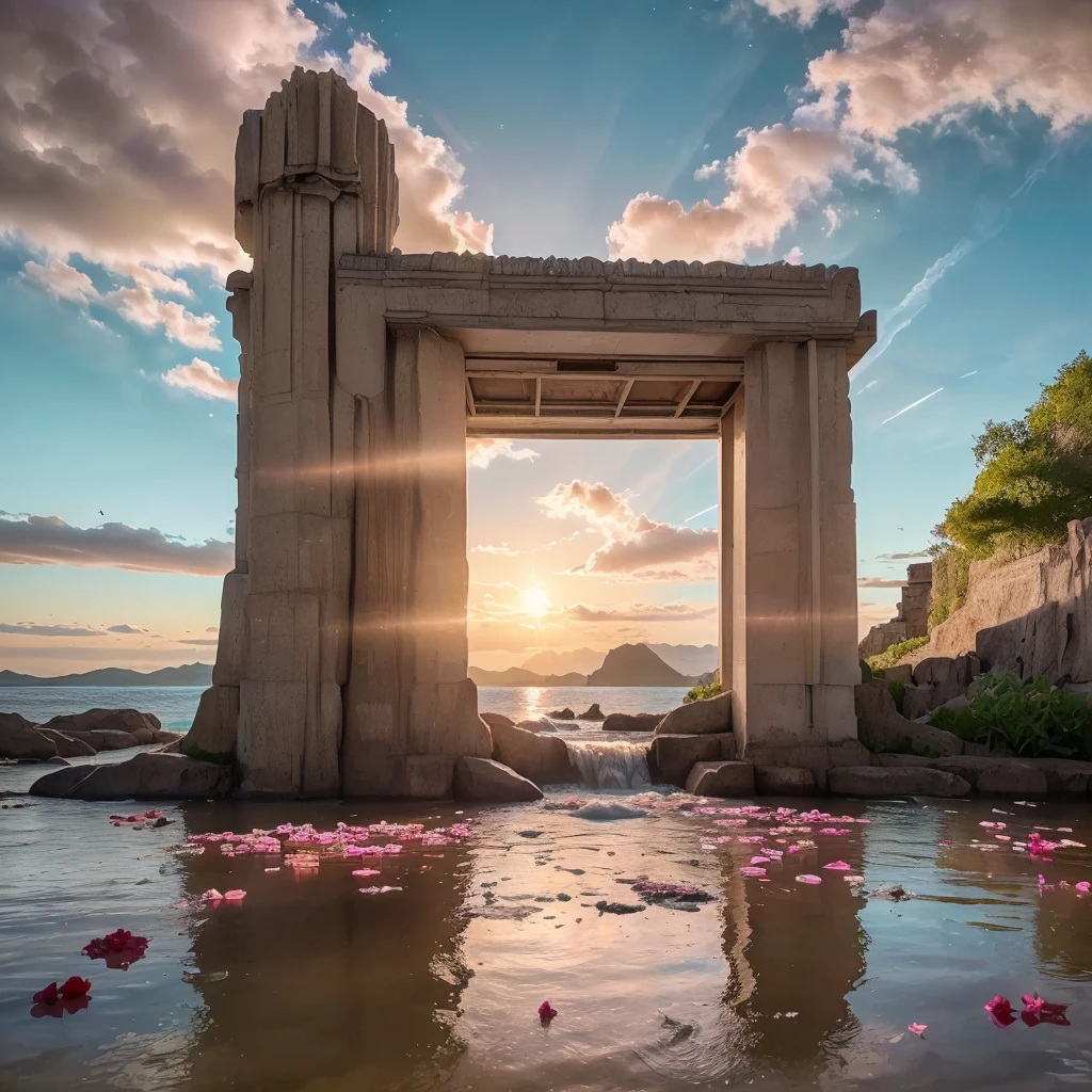 (8k, highest quality, masterpiece, final fantasy style: 1.2), (unRealistic, photoRealistic: 1.37), Dreamy landscape, epic scenes, sunset, Fantasy, Unsurreal landscapes, Super detailed, Flying futuristic Castle, Floating Island in the Sky, Seven-colored swirl of light, Intense lightning, nebulas,Complex Light, Colored light, blue clear Large Lake, Starry sky reflected on the lake surface, Countless shining stars, Meteors, Reflections , (A pillar of light emanated from the ground:1,2), (((roses and orchids gardens , bright sunset, pink and blue clouds, waterfalls in the sky, realistic style))), Hyperrealistic drawing , burning futuristic skyscrapers, , timeless realms, healing light magic effect, in a crystal clear blue magical lagoon of the fairyland, crystal clear waters with silver surface reflections, sharp focus, (close-up:0.9), (bright white theme:1.2), (bright white tone:1.2), (deep blue tone:1.3),((( realistic, Hyperrealism, vivid colours , landscapes , alien nature , science fiction themes))), mountains and abyss, water resources and waterfalls , fog ,