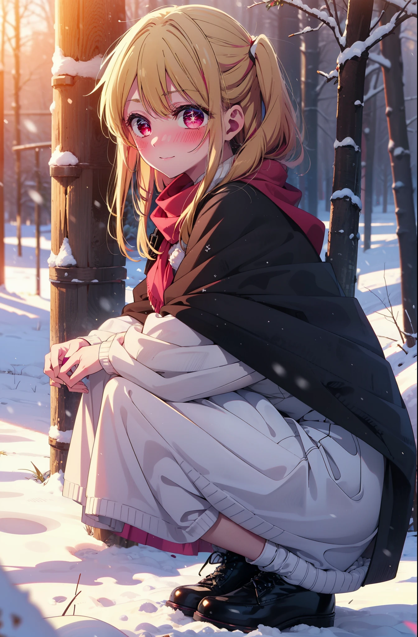 rubyhoshino, Hoshino Ruby, Long Hair, bangs, blonde, (Pink Eyes:1.3), Side Lock, (Symbol-shaped pupil:1.5), Multicolored Hair, Two-tone hair, smile,,smile,blush,white breath,
Open your mouth,snow,Ground bonfire, Outdoor, boots, snowing, From the side, wood, suitcase, Cape, Blurred, , forest, White handbag, nature, Squat, Mouth closed, Cape, winter, Written boundary depth, Black shoes, red Cape break looking at viewer, Upper Body, whole body, break Outdoor, forest, nature, break (masterpiece:1.2), Highest quality, High resolution, unity 8k wallpaper, (shape:0.8), (Beautiful and beautiful eyes:1.6), Highly detailed face, Perfect lighting, Extremely detailed CG, (Perfect hands, Perfect Anatomy),