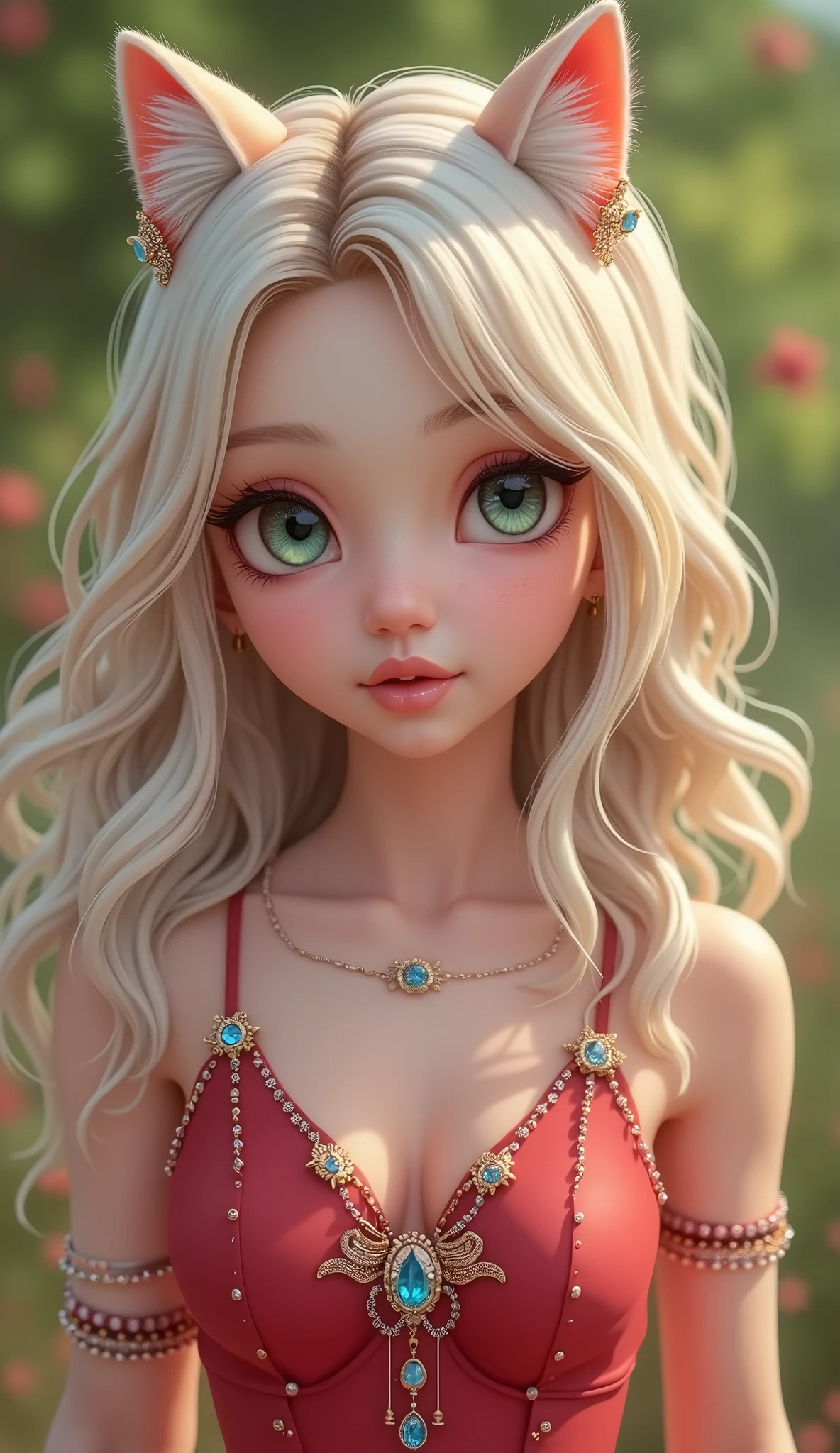 (masterpiece, Best Quality), intricate details, realist, photorealist, Full Body Portrait, Instagram Photo of a woman wearing aretes, Mary R., inspired by Emma Andijewska, wrapped in crystals,(masterpiece:1.3), (Best Quality:1.3), (Ultra-detailed:1.2), ((kawaii)), Cute, (lovely), ((sexy)), ((Extremely detailed)), 4K, (8K), Best Quality, (Beautiful), Illustration, anime style, (bold line:1.2), Gradation,(best quality, ultra-detailed, photorealistic: 1.39), bright and vibrant colors, studio lighting, (Perfect eyes:1.2), (Perfect iris:1.2), romantic kawaii expression, cute delicate smile, kawaii makeup, -yeld e-l, short red dress, platinum braided and curl white hair, cat ears, big breasts, fit, long wavy hair, mercenary, Mary R.