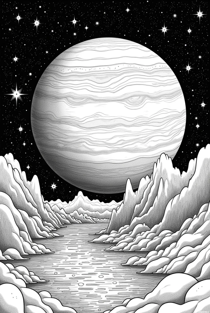 Coloring page of Neptune's view and the black and white starry sky 