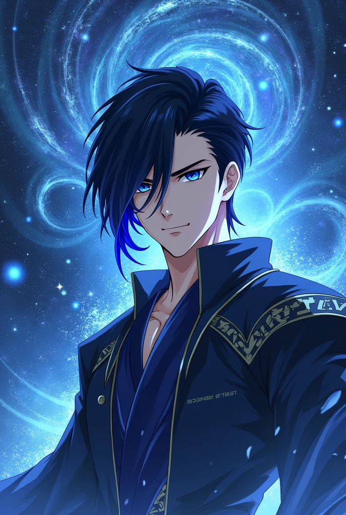 put the name: (The Eminent Divine Spirit), written in the drawing. Create a character, MASCULINE with warrior-style JAPANESE ANIME STYLE in a cosmic environment, black hair with a cobalt blue strand in a single hair, cobalt blue eyes. Don't forget to put the name "THE EMINENT DIVINE SPIRIT".