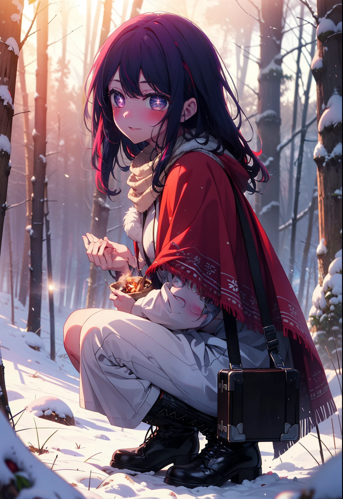 aihoshino, Ai Hoshino, Long Hair, bangs, (Purple eyes:1.1), Purple Hair, (Symbol-shaped pupil:1.5), smile,,smile,blush,white breath,
Open your mouth,snow,Ground bonfire, Outdoor, boots, snowing, From the side, wood, suitcase, Cape, Blurred, , forest, White handbag, nature,  Squat, Mouth closed, Cape, winter, Written boundary depth, Black shoes, red Cape break looking at viewer, Upper Body, whole body, break Outdoor, forest, nature, break (masterpiece:1.2), Highest quality, High resolution, unity 8k wallpaper, (shape:0.8), (Beautiful and beautiful eyes:1.6), Highly detailed face, Perfect lighting, Extremely detailed CG, (Perfect hands, Perfect Anatomy),