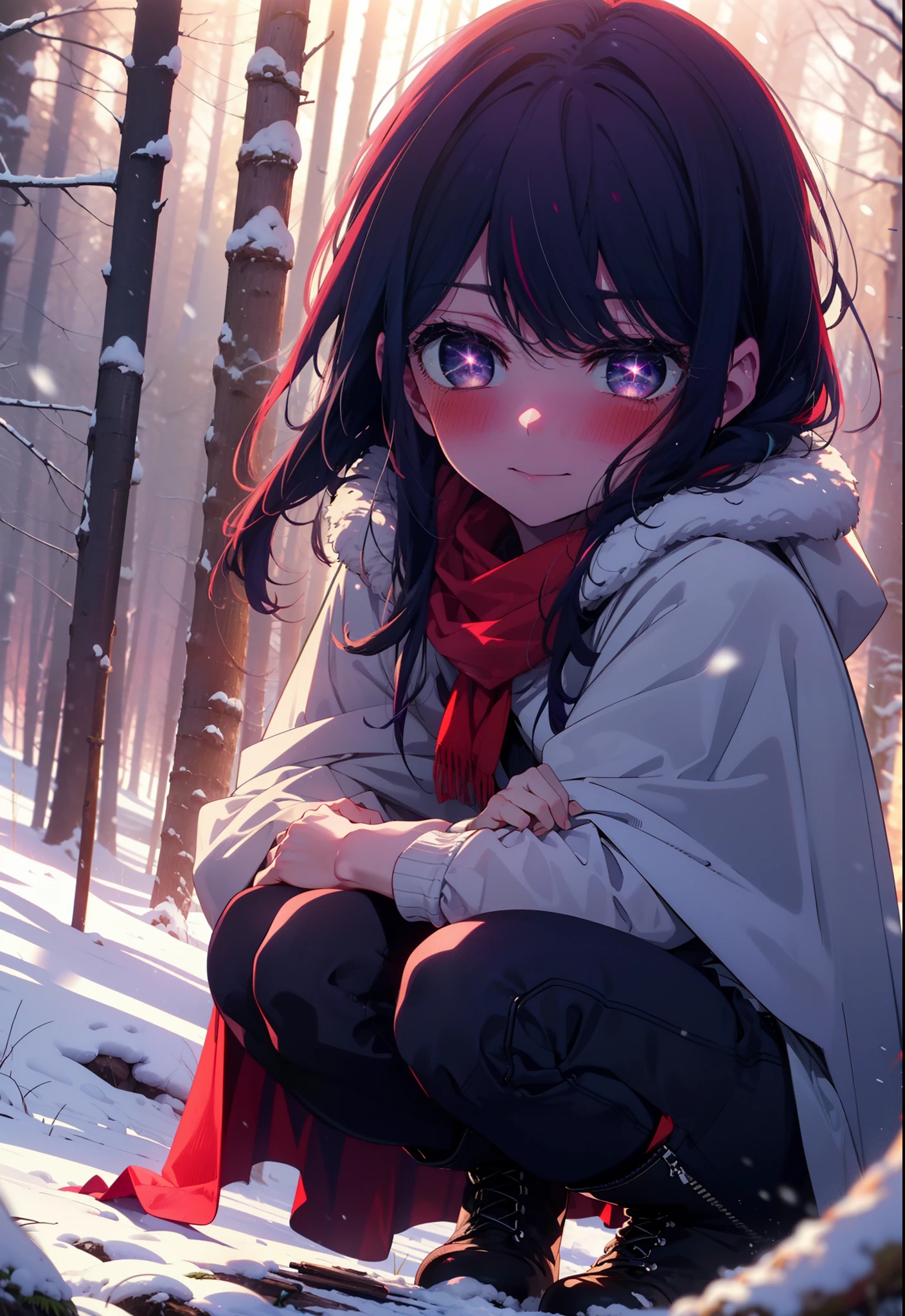 aihoshino, Ai Hoshino, Long Hair, bangs, (Purple eyes:1.1), Purple Hair, (Symbol-shaped pupil:1.5), smile,,smile,blush,white breath,
Open your mouth,snow,Ground bonfire, Outdoor, boots, snowing, From the side, wood, suitcase, Cape, Blurred, , forest, White handbag, nature, Squat, Mouth closed, Cape, winter, Written boundary depth, Black shoes, red Cape break looking at viewer, Upper Body, whole body, break Outdoor, forest, nature, break (masterpiece:1.2), Highest quality, High resolution, unity 8k wallpaper, (shape:0.8), (Beautiful and beautiful eyes:1.6), Highly detailed face, Perfect lighting, Extremely detailed CG, (Perfect hands, Perfect Anatomy),