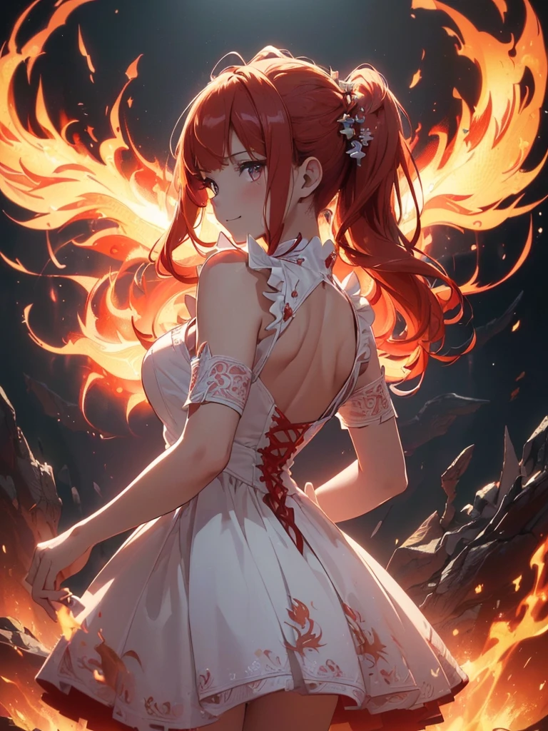 (((best quality, sharp image, clear image, cinematic lighting, 8k resolution, masterpiece, ultra detailed, intricate))) Girl, (((looking over left shoulder))), (shot from behind), ((half shot)), fiery red hair, pigtails, ((white dress)), ((flaming sigils, flaming runes)), spiky rock formations, (flaming lotus flowers frame), (intricate background), ((Phoenix)), (swirling flames), smiling