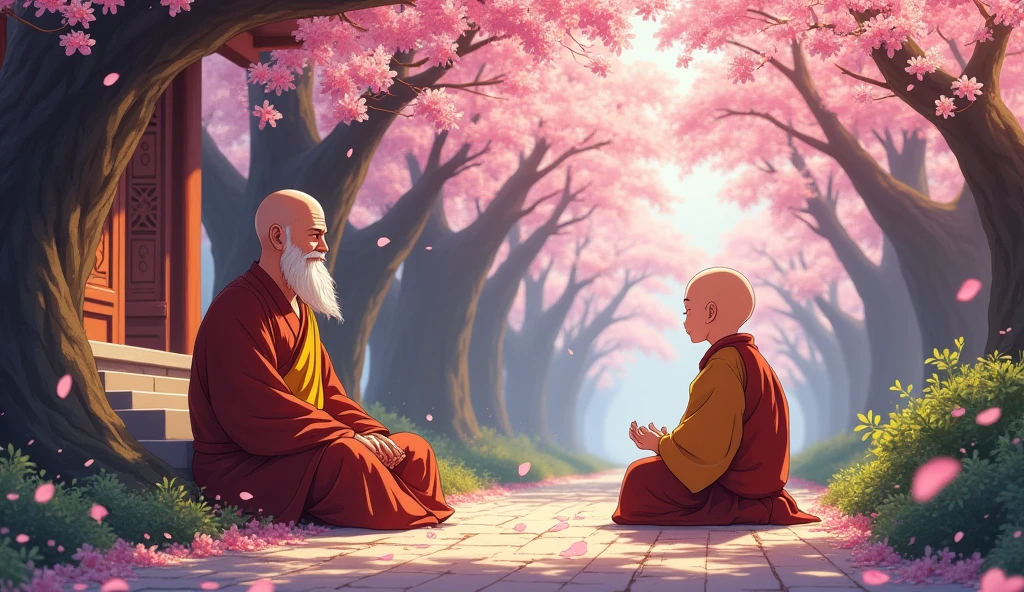 Young monk student sitting with his old fat monk master and monk talking to his student, in anime style, trees, temples, beautiful scenario,