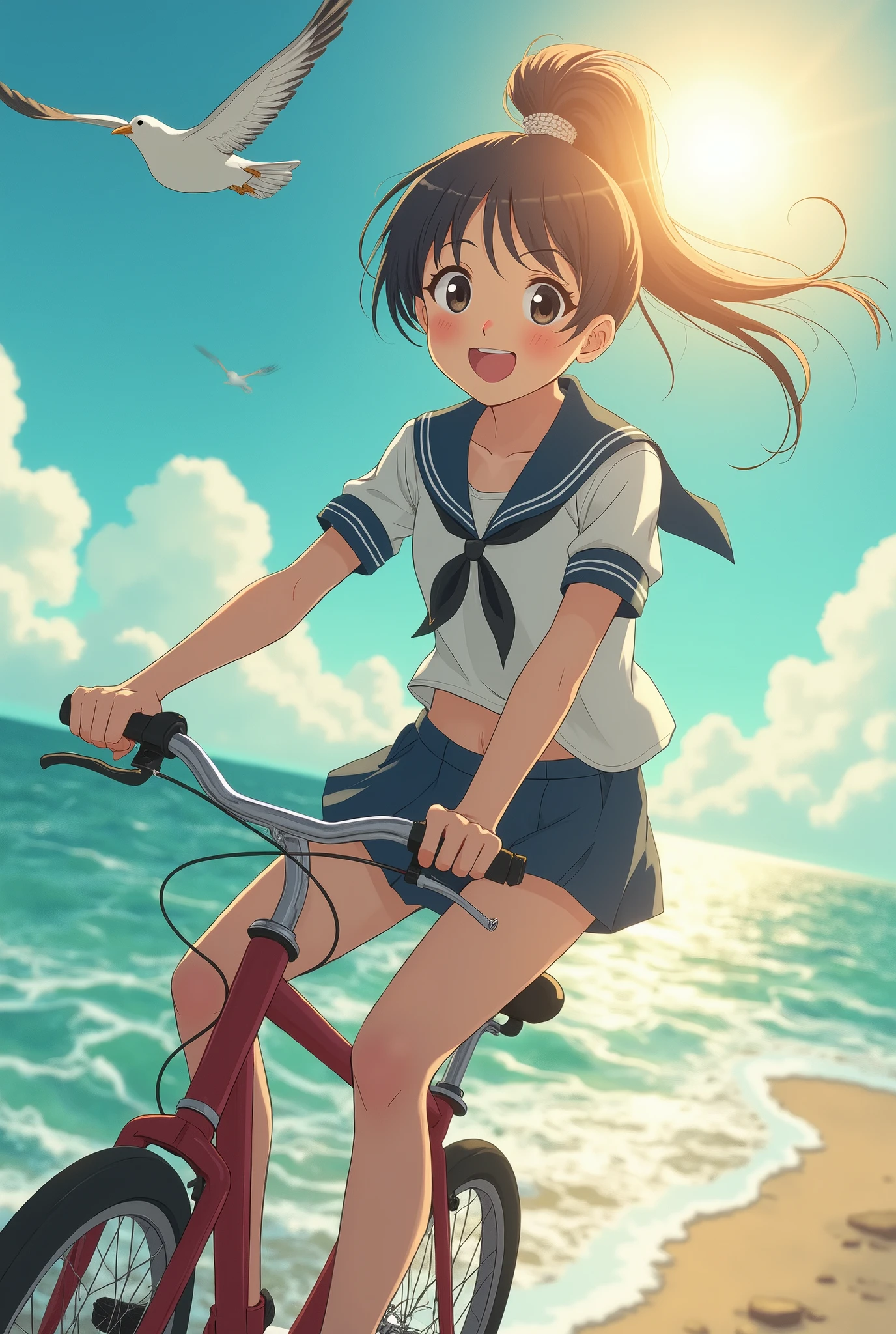 a teenager girl wearing sailor uniform riding bicycle on the road with ocean view, doing stunt, happy face, looking at viewer, high ponytail hair, black hair, summer vibe, sunny day, windy, bird in the sky, glitenning ocean surface, Ghibli artwork, cinematic compose, vibrant sunlight, vibrant color, vibrant environment, bokeh