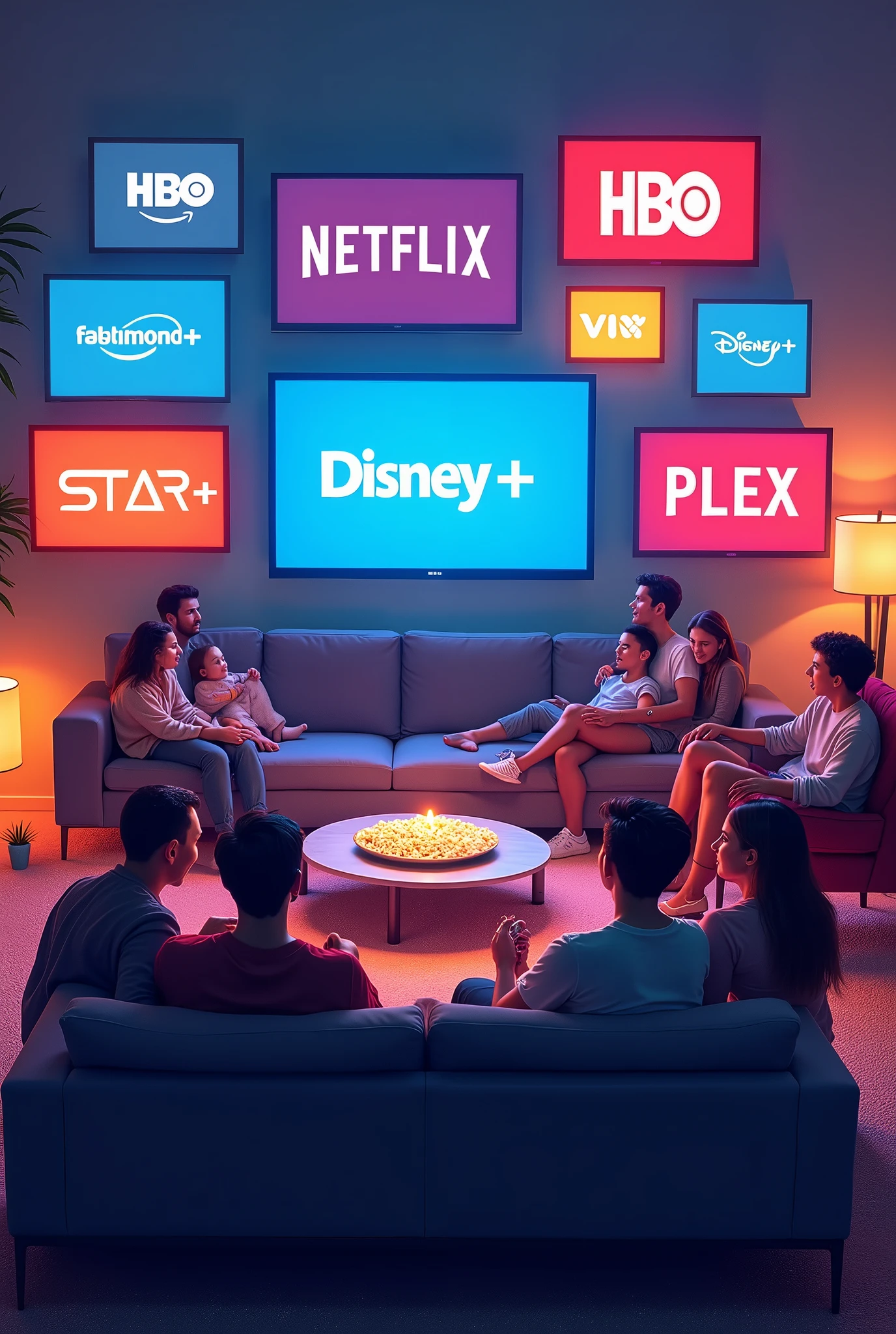 GIVE ME A ADVERTISING IMAGE WITH PLATFORMS LIKE AMAZON PRIME, HBO, Disney, Netflix, star +, Paramount, PLEX, vix.SHOW ALL ACCOUNTS IN ONE IMAGE