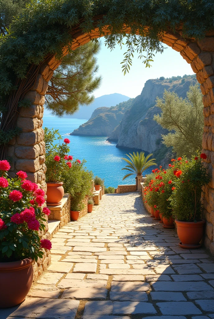 A path with a tranquil ambiance in the style of Mediterranean with a view.