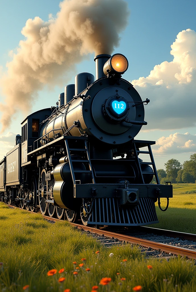 Train of iron with a blue heart and the number 12 printed in white