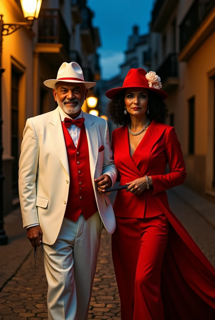 A couple of crooks, Zé pelintra an older man 80 years old , charming, blacksad, White hat with red, wide smile, White suit with red chalet, Beside him a woman of 70 years old, formosa com cabelos blacksads e cacheados, Dressed in red and white, On her head a red hat with white roses, in the girl's hands a knife, the girl has a serious expression and striking eyes , The two walk along a stone street at night.