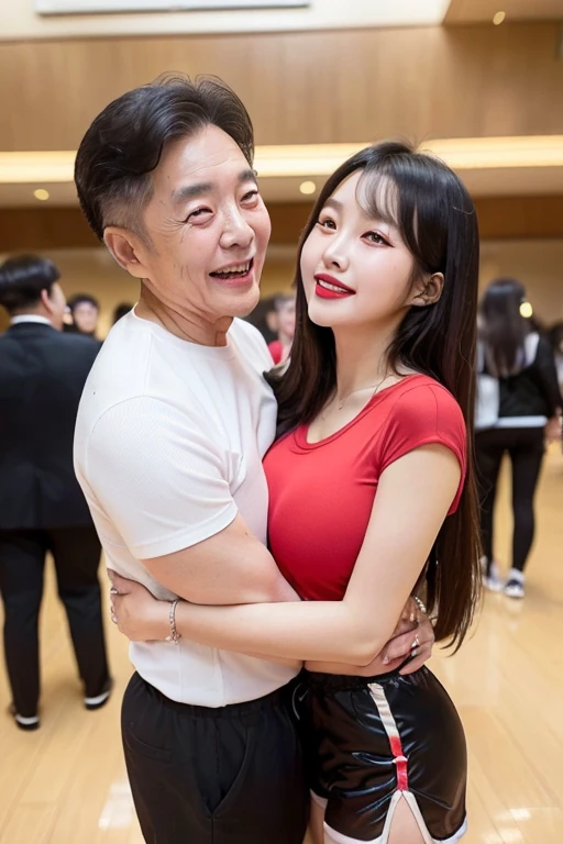 (((70 years old korean ugly man and 1 korean young girl couple having a deep kiss))), {1 korean girl, 20 years old, strikingly beautiful, black hair, delicate facial features, red lips, expressive eyes, ((One Cheerleader 1.5)), Cheerleaders at the stadium, brightly smile, ((awe and joy expression)), ((skin tight Black dolphine shorts)), ((tight red crop t-shirts)), Sexy makeup, ((Beautiful and slender body))}, (in the ballroom stands), (((70 years old korean man wearing business suit))), (((((70 years old korean man hug on young girl's chest and laughing)))), (((focus on 70 years old korean man))),