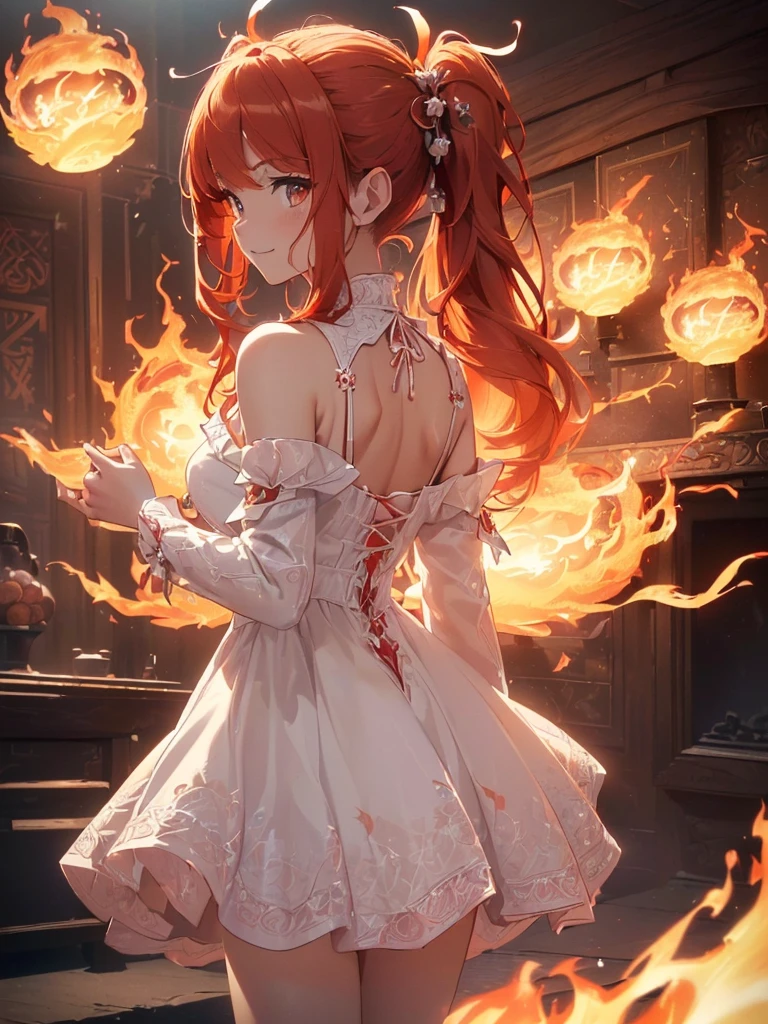 (((best quality, sharp image, clear image, cinematic lighting, 8k resolution, masterpiece, ultra detailed, intricate))) Girl, (((looking over left shoulder))), (shot from behind), ((half shot)), fiery red hair, pigtails, ((white dress)), ((flaming sigils, flaming runes)), spiky rock formations, (flaming lotus flowers frame), (intricate background), ((Phoenix)), (swirling flames), smiling